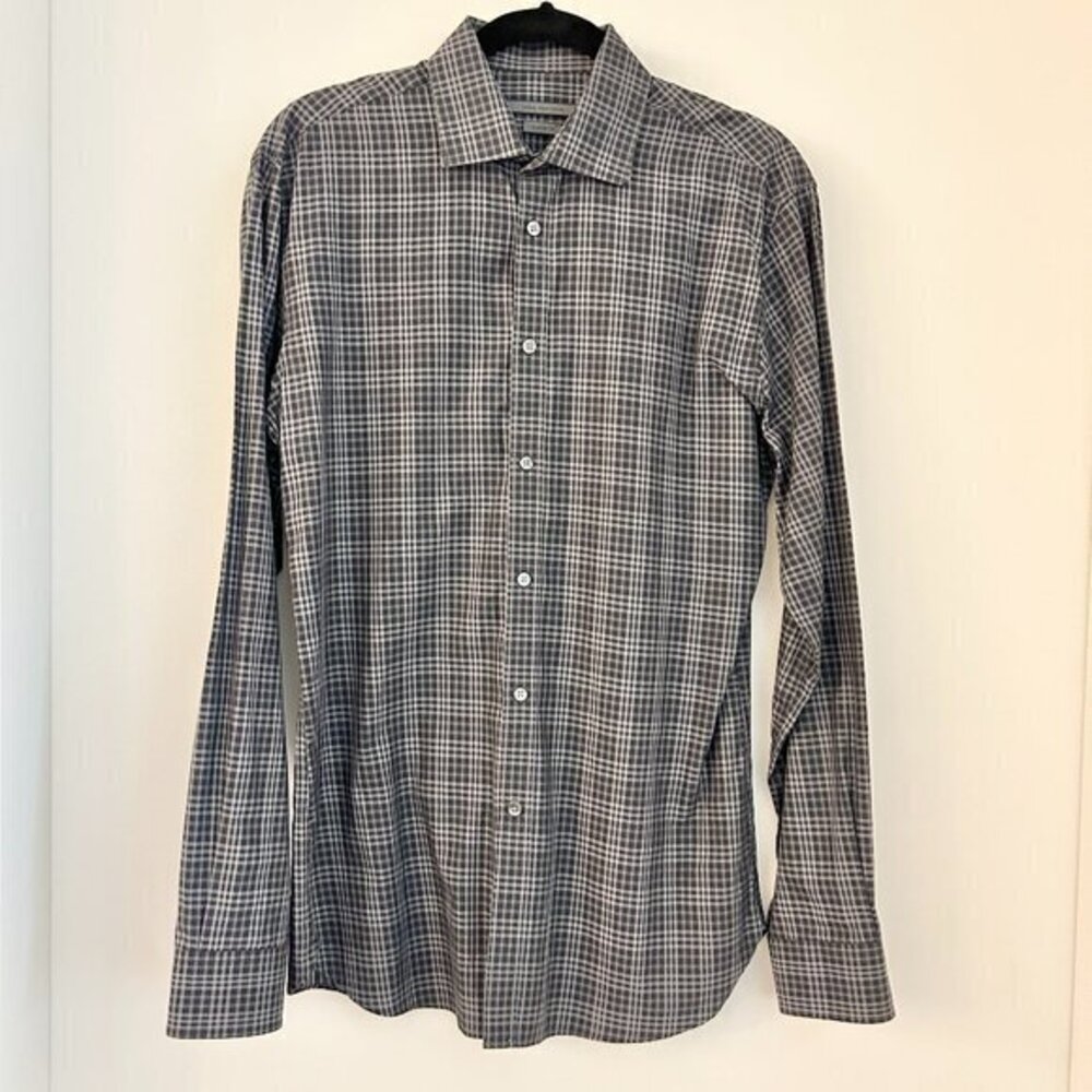 John Varvatos Men's Classic Fit Navy Blue Plaid Button Down Shirt 15.5, 34/35